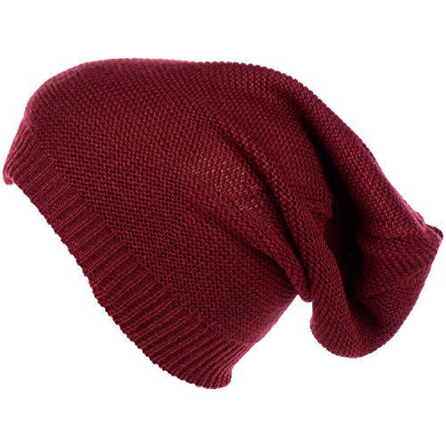 an Unisex Striped Knit Slouchy Beanie Hat Lightweight Soft Fashion Cap - color: 5104-burgundy