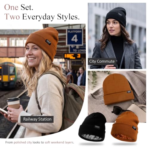 2 Pack Satin Lined Beanies for Men and Women Warm Cuffed Winter Hats - color: Black+brown