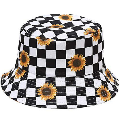 Unisex Bucket Hat Summer UPF 50+ Sun Protection Outdoor Beach Fishing Travel Hiking Hat - color: Checkered/Sunflower Pattern
