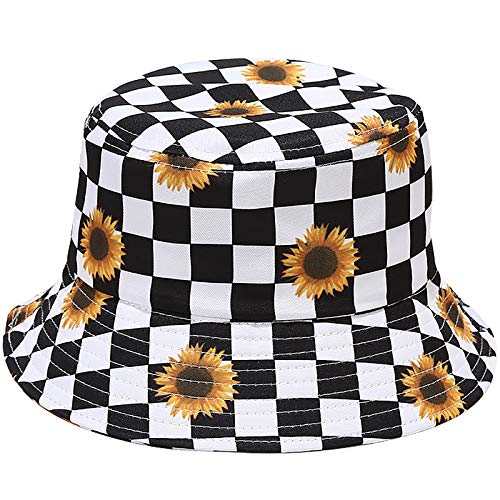 Unisex Bucket Hat Summer UPF 50+ Sun Protection Outdoor Beach Fishing Travel Hiking Hat - color: Checkered/Sunflower Pattern