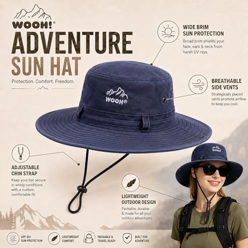 WOOH Sun Hats for Women,UPF80+ Wide Brim Summer Bucket Hat with Adjustable Drawstring,Packable Outdoor Hat for Beach Hiking - color: Navy Blue