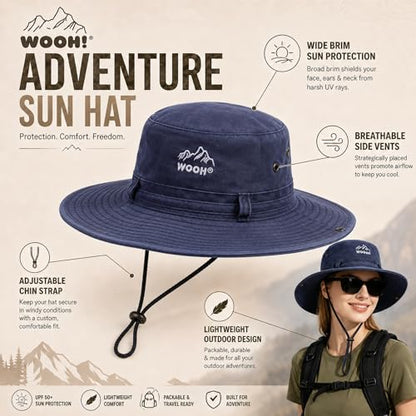 WOOH Sun Hats for Women,UPF80+ Wide Brim Summer Bucket Hat with Adjustable Drawstring,Packable Outdoor Hat for Beach Hiking - color: Navy Blue