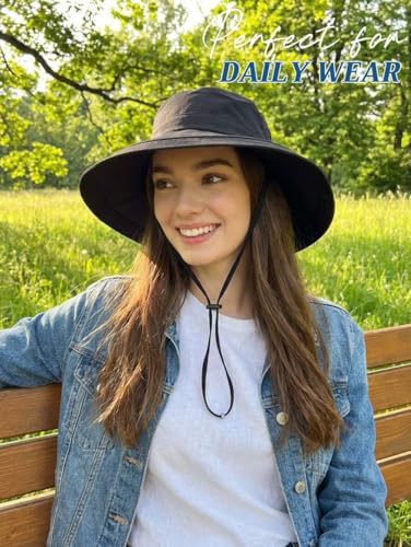 Women Summer Wide Brim Sun Hat UV Protection Ponytail Hole Waterproof Foldable Bucket Hat for Beach Hiking Travel - color: Light Khaki