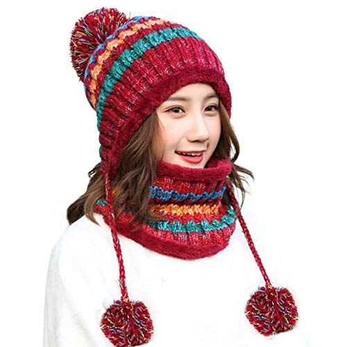 HUAMULAN Women Winter Knit Beanie Hat Circle Scarf Set Pompoms Ear Flaps - color: Red
