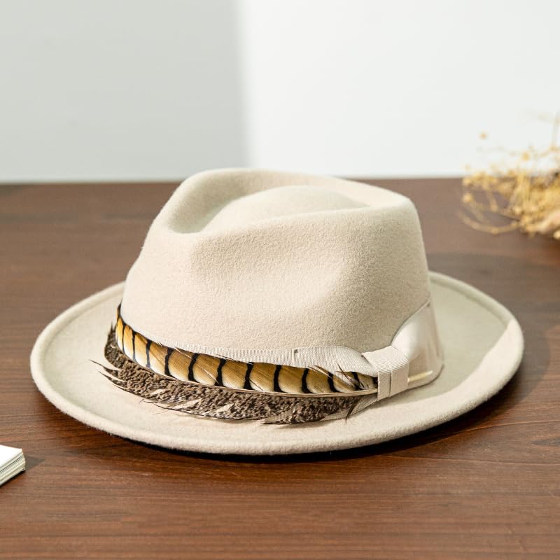 Home Prefer Men's Wool Felt Winter Hat Short Brim Fedora Hat with Feather - color: Beige Ring Necked Feather