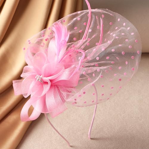 Zinniday Girls Tea Party Hat - Mini Pink Derby 2026 Feather Mesh Fascinators with Hair Clip, Kentucky 1920s 50s Victoria Headwear for Lady Women Girl Cocktail Costume Church Holiday Party Dress Up - color: Pink