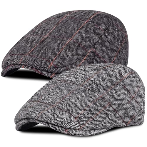 Senker Fashion 2 Pack Newsboy Cap for Men, Wool Blend Tweed Flat Cap - color: Black Grey