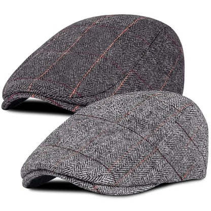 Senker Fashion 2 Pack Newsboy Cap for Men, Wool Blend Tweed Flat Cap - color: Black Grey