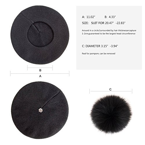 Womens Winter Beret Hat Knitted Beanie Cap Autumn Winter Hat French Classic Beret - color: Black With Black Fox Fur Pompom