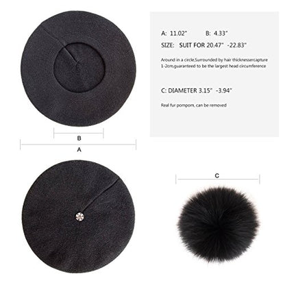 Womens Winter Beret Hat Knitted Beanie Cap Autumn Winter Hat French Classic Beret - color: Black With Black Fox Fur Pompom