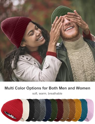 Satin Lined Wool Acrylic Blend Beanie Hat Women Men, Winter Knit Cap - color: Army Green