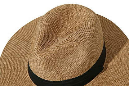 Lanzom Women Wide Brim Straw Panama Roll up Hat Fedora Beach Sun Hat UPF50+ - color: Brown, size: One Size-Small