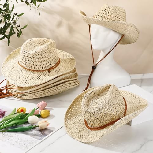 Newcotte 9 Pack Straw Cowboy Hats for Women Men - color: Beige
