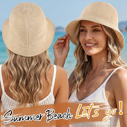Babalet Summer Straw Beach Sun Hats for Women Packable Floppy Bucket Hat - color: Beige