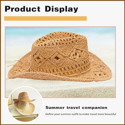 Straw Cowboy Hats for Women Men Western Cowgirl Hat Foldable Wide Brim Cowboy Hat Travel Vacation Beach Sun Hats - color: Khaki