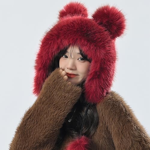 Winter Faux Fur Hat with Ears Flaps Fluffy Bear Beanie Cap Animal Lovers Gift - color: Wine Red