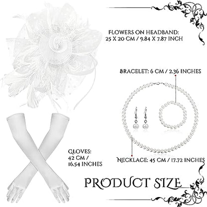 Yaomiao 5 Pcs 1920s Tea Party Accessories Fascinator Hat Gloves - color: White