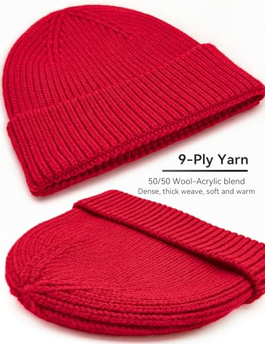 vidsel 50% Wool Thick Beanie Hat Men Women, Seamless Cuffed Winter Knit Cap - color: 1pcs Red