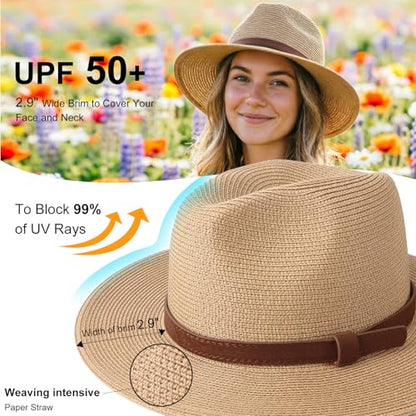 DRESHOW Women Straw Panama Hat Travel Fedora Beach Sun Hat Summer Wide Brim Straw Roll up Hat UPF 50+ - color: Ac Khaki/Belt Buckle