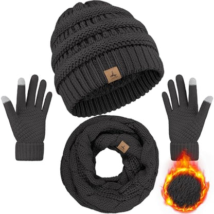 LOROME Winter Beanie Hat Scarf Gloves, Warm Fleece Knit Neck Scarf Set Gift - color: Dark Gray