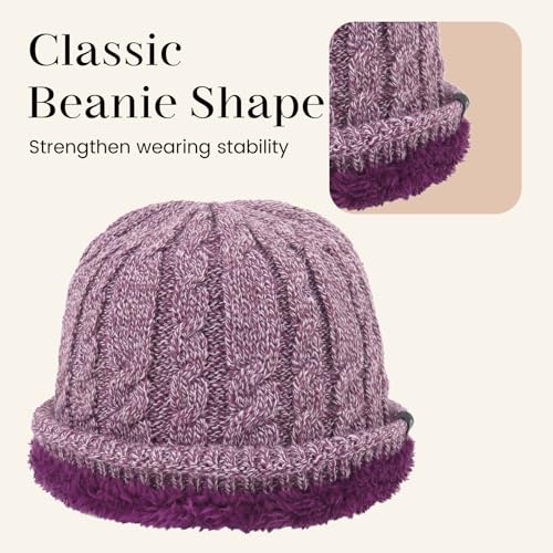 Winter Warm Beanie Hat for Women Men, Thick Cable Knit Cuffed Beanie - color: Purple