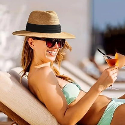 Womens Mens Wide Brim Straw Panama Hat Beach Sun Hat Summer Wide Brim Straw Roll up Hat Fisherman's UPF 50 - color: Black