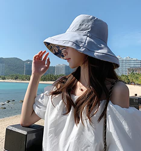 HUAMULAN Wide Brim Women Summer Sun Floppy Hat Reversible Beach Bucket Hat - color: M1744-lightblue