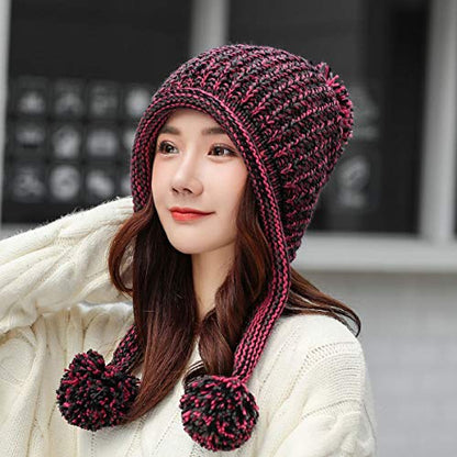 HUAMULAN Women Winter Sherpa Knit Beanie Hat Fleece Lined Ear Flaps - color: Rose Red