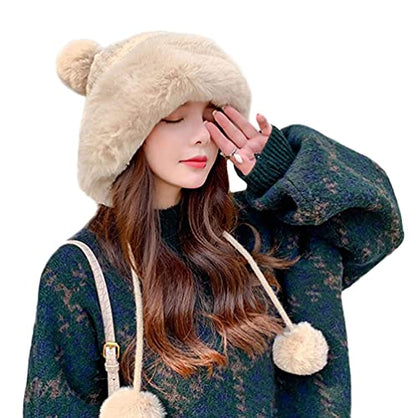Winter Pompom Beanie Hats Women Knit Womens Beanie Faux Fur Crochet Skull Cap Warm Bucket Outdoor Ear Cover - color: Beige