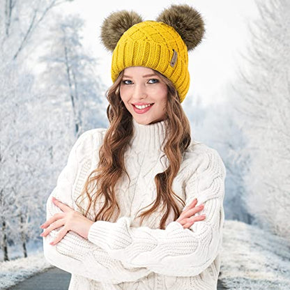 Arctic Paw Womens Winter Hat Cable Knit Beanie for Women Faux Fur Pompom Ears - color: Yellow Hat Coffee Ball