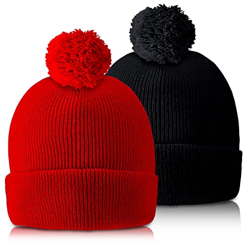 Geyoga 2 Pcs Pom Beanie Hat Men Women Winter Hat Pom Knit Cap Beanies with Ball at Top Acrylic Winter Cap with Cuff - color: Red, Black, style: Classical