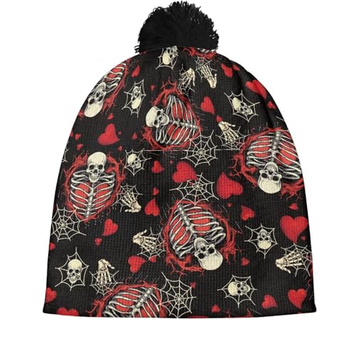 Cute Winter Hats for Women Cold Weather Knit Beanies for Women with Pom Pom - color: Gothic Skeleton Spider Web and Heart