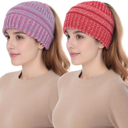 Women Ponytail Beanie 2-Pack, Thick Thermal Soft Acrylic Winter Skull Cap - color: D & F