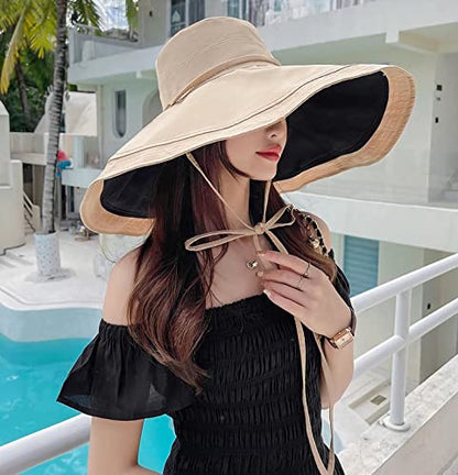 HUAMULAN Women Summer Vacation Wide Brim Sun Hat Reversible Fishing Hats - color: Ag3652-kakhiblack
