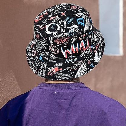 Packable Reversible Printed Bucket Hat Unisex for Men Women Beach Fisherman Cap - color: Black-2