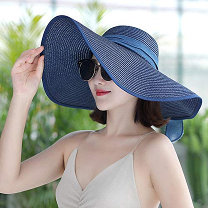 FSIGOM Women's Folable Floppy Hat,Wide Brim Sun Protection Straw Hat, Summer UV Protection Beach Cap - color: Navy, size: Large
