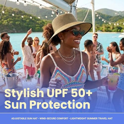 Funky Junque Wide Brim Panama Sun Hat, Womens Packable Straw - color: Split Back Ponytail - Dark Natural Mix