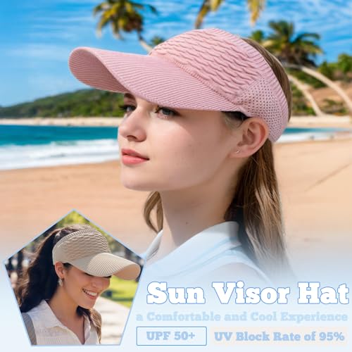Sun Visor Hats, Wide Brim Sun Hats with UV Protection, Knitted Running Visors for Women - Ponytail Friendly, Quick Drying - color: White