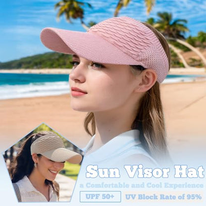 Sun Visor Hats, Wide Brim Sun Hats with UV Protection, Knitted Running Visors for Women - Ponytail Friendly, Quick Drying - color: White