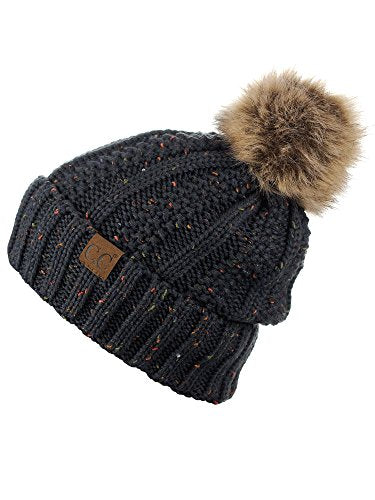 C.C Thick Cable Knit Faux Fuzzy Fur Pom Fleece Lined Skull Cap Cuff Beanie - color: Confetti Dark Melange Gray