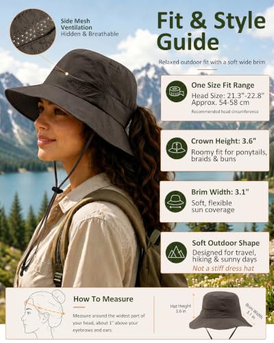 Womens Sun Hat Ponytail Packable UPF 50+ Waterproof Bucket Hat with Ponytail Hole for Beach Hiking Travel - color: Coffee