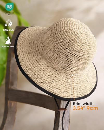 FURTALK Womens Hand-Woven Straw Sun Hat UPF 50+ Packable Summer Wide Brim Beach Linen Lining Bucket Hat with Chin Strap - color: Beige