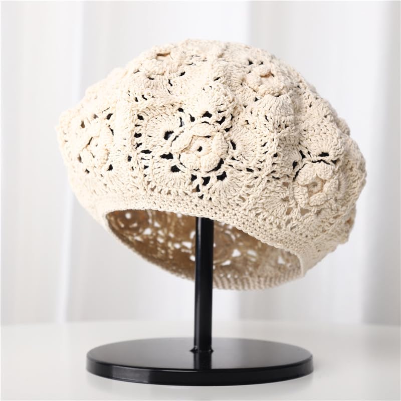 yolrdiw Cotton Crochet Beanie Handmade Floral Beret Beach Travel Boho Hat - color: Beige