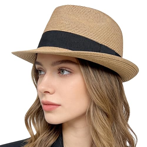 Wildarms Womens Straw Trilby Hat Short Brim Fedora - color: Khaki, size: 7 3/8