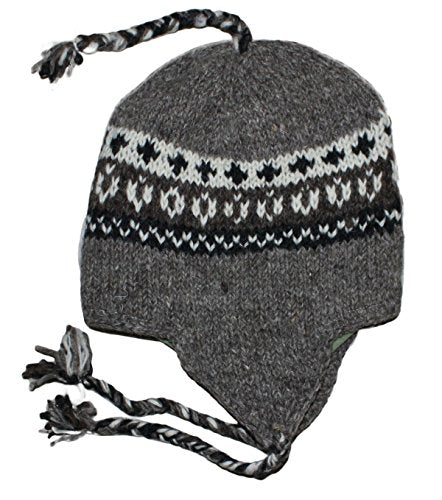 Wool Hand Knit Unisex Fleece Lined Ear Flap Beanie Sherpa Cap Hat Nepal - color: Brown/Beige