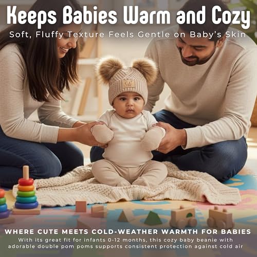 Funky Junque Baby Double Faux Fur Pom Pom Beanie & Mittens Set – Newborn Infant 0–9 Months Winter Hat with Soft Lined Mittens - color: Diagonal Basketweave: Beige (0-9 Months)