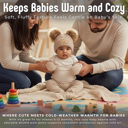 Funky Junque Baby Double Faux Fur Pom Pom Beanie & Mittens Set – Newborn Infant 0–9 Months Winter Hat with Soft Lined Mittens - color: Diagonal Basketweave: Beige (0-9 Months)