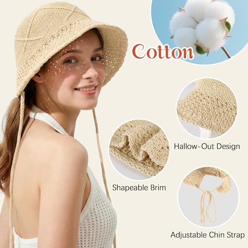 Ababalaya Women’s Lightweight Cotton Crochet Bucket Hat - color: Apricot