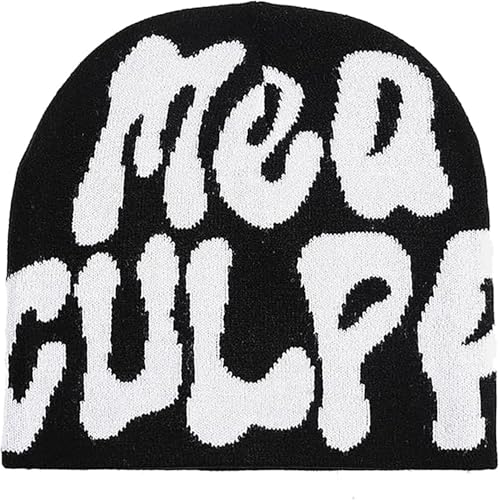TaowaveWomen Beanie Y2k Hat,MEA Culpa Graphic Beanies Designs,Winter Hat Knit Skull Cap for Women - color: Black