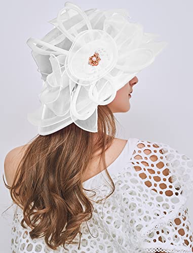 Women's Kentucky Derby Church Dress Hat Wide Brim Leaf Flower Bridal Shower Hat - color: F5 White